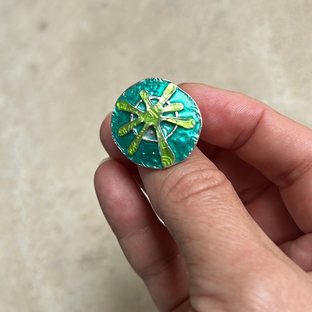 IKITA Paris ring silver toned tolurqoise green adjustable round circular